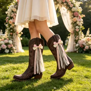 Braune Westernstiefel für Damen mit rosa Schleifen, Spitzenbändern und Perlenquasten.