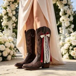 Braune Westernstiefel für Damen mit eleganter rot-beiger Schleife und Perlen Bändern.