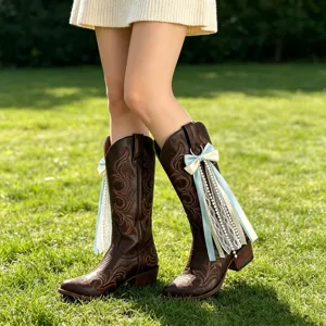 Damen Western Cowboy Stiefel Vintage bestickte Wadenstiefel mit Schleife Perlen Band.