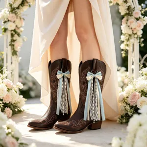 Detailaufnahme brauner Westernstiefel mit eleganter Perlen Schleife und Spitzenbändern.