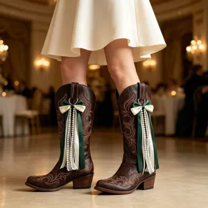 Detailaufnahme brauner Westernstiefel verziert mit grün-weißen Schleifen und Perlenbändern.