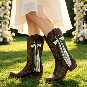 Nahaufnahme von braunen Western-Stiefeln mit eleganter grüner Schleife und Perlen.
