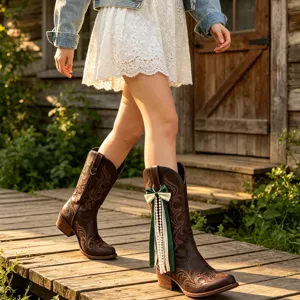 Braune Western-Cowboy-Stiefel mit eleganter handgefertigter grüner Schleife und Perlenfransen.