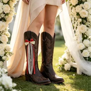 Bottes de cowboy western pour femmes superbes avec nœud perles ruban pompon fait main chic