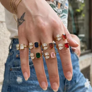 Fashion Copper 18K Gold Plated Open Ring With Geometric Zircon Inlay Colorful Cubic Zirconia Adjustable Ring For Women Jewelry
