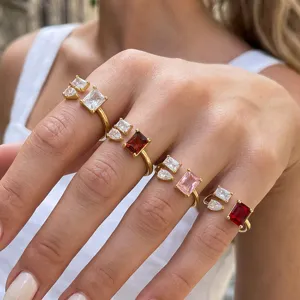 Gold plated adjustable open ring set with colorful cubic zirconia crystals for women