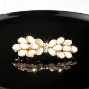 Korean large bow flower hairpin with opal and rhinestones, elegant crystal ponytail top clip.