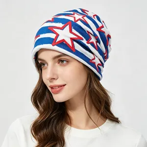 Autumn winter knitted slouchy beanie hat for men women, retro star striped warm pull-on cap.