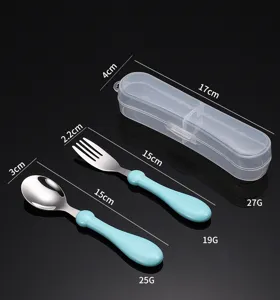 Ensemble de couverts pour enfants en acier inoxydable avec fourchette, cuillère et étui.