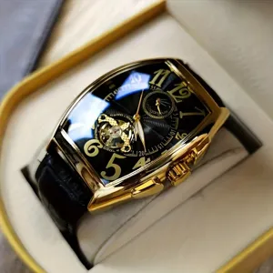 Luxury tonneau automatic mechanical watch for men with a black dial and gold case.