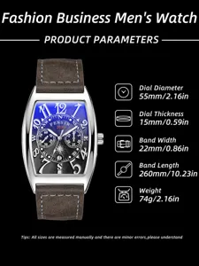 Detailed specification view of the luxury tonneau quartz watch highlighting size and dimensions.