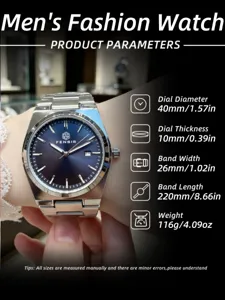 Men quartz watch detail view, steel strap, blue dial, 40mm diameter with clear parameter specs.