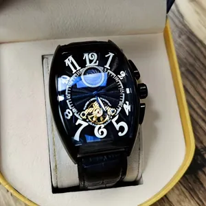 Luxury tonneau automatic mechanical watch for men featuring black dial and stylish leather strap.