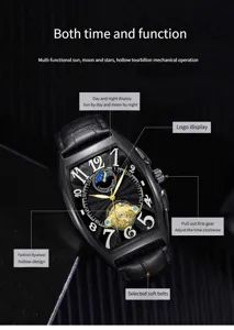 Luxury tonneau mechanical watch for men with hollow dial, moon phase and leather strap.