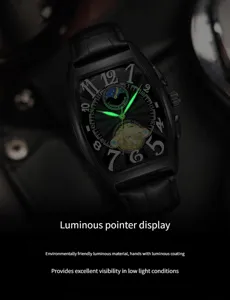 Men's Tonneau Automatic Skeleton Mechanical Watch Business Fashion Luminous Wristwatch