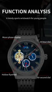 Detailed view of the watch dial featuring hollow flywheel, moon phase, and sub-dials.