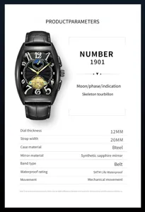 Men tonneau mechanical watch automatic hollow black leather strap business fashion wristwatch