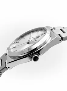 Men stainless steel quartz watch with white dial and metal strap for business commute.