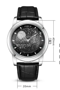 FENSIR Men's Quartz Watch 40mm Starry Dial Black Leather Strap Waterproof Wristwatch