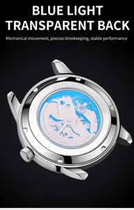 Detailed view of mechanical watch transparent blue back cover showcasing precise movement structure.