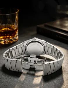 Stainless steel quartz watch for men with metal strap and secure case back detail