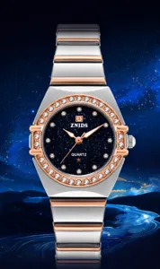 Women quartz watch starry dial diamond bezel two tone stainless steel bracelet waterproof watch
