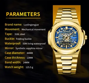 Luxus goldene automatische mechanische Uhr für Herren mit Skelett-Zifferblatt 44mm
