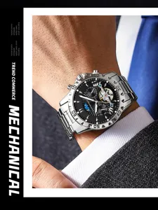 Men's automatic mechanical watch with moon phase and tourbillon dial detail view.