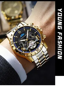Men automatic mechanical watch with gold stainless steel strap, luxury moonphase tourbillon dial.