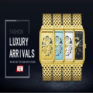 Luxus Mode quadratische Quarz Herrenuhr mit skelettiertem Zifferblatt und Metallarmband.