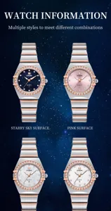 Detailed view of four variant styles of women quartz watches with starry and pearl dials.