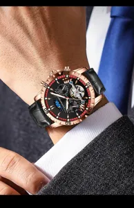Men's automatic mechanical watch with luxury leather strap, moon phase and skeleton dial.