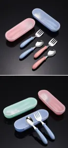 Detailed view of stainless steel children cutlery set with portable storage box in multiple colors.