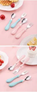Juego de tenedor y cuchara para niños de acero inoxidable, cubiertos pastel lindos para bebés.