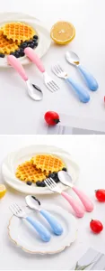 Toddler stainless steel spoon fork set baby self feeding training cutlery pink blue tableware