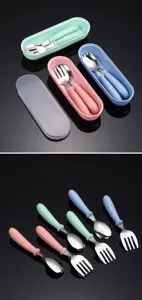 Children stainless steel cutlery set with portable box, cute fork and spoon for baby feeding training.