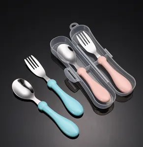 Set cuillère et fourchette bébé en acier inoxydable avec étui, vaisselle enfant sûre.