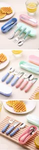 Stainless steel children cutlery set with portable storage box, cute pastel handles for baby feeding.