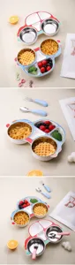 Stainless steel kids car-shaped divided dinner plate set with spoon and fork for babies.