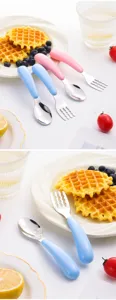Stainless steel baby spoon and fork detail view, perfect for toddler self-feeding and weaning time.