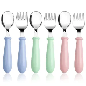 Stainless steel children fork and spoon set with cute colorful short handles for baby feeding.