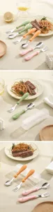 Stainless steel baby fork and spoon set detail, cute silicone handle toddler cutlery utensils.