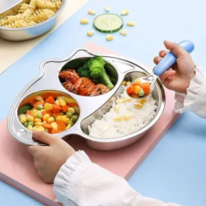 Stainless steel kids partitioned dinner plate and spoon set for baby complementary food training.