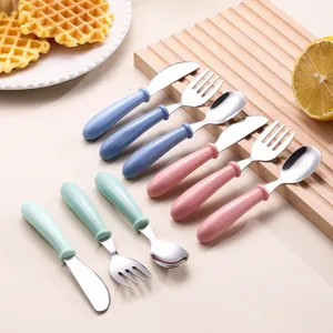 Stainless steel kids cutlery set with colorful handles, baby feeding spoon and fork.