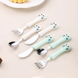 Set Posate per Bambini in Acciaio Inossidabile 304 Portatile Cucchiaio Forchetta Addestramento Neonato Gufo Cartone Animato
