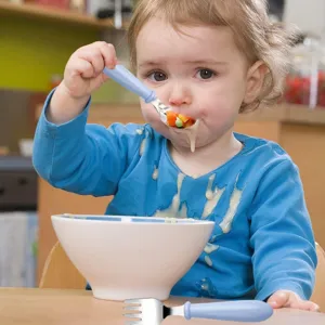 Stainless steel baby feeding spoon and fork set with short blue handles for toddler training.