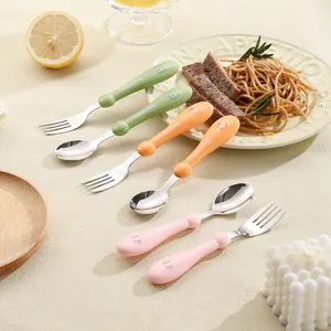 304 Stainless Steel Children Tableware Fork And Spoon Cute Cartoon Silicone Soft Handle Baby Food Feeding Tableware