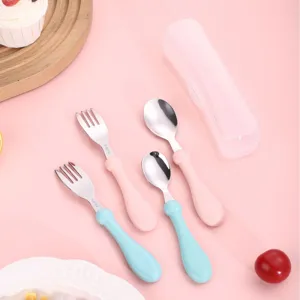 Bonito juego de tenedor y cuchara para bebé de acero inoxidable 304 con estuche.