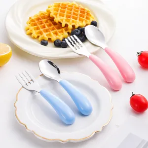 Stainless Steel Kids Spoon And Fork Set Portable Children Training Tableware Cute Cartoon Baby Feeding Tableware Set