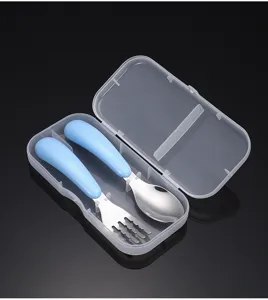 Edelstahl Baby Gabel und Löffel Set mit transparenter Box für Kleinkinder Fütterung.